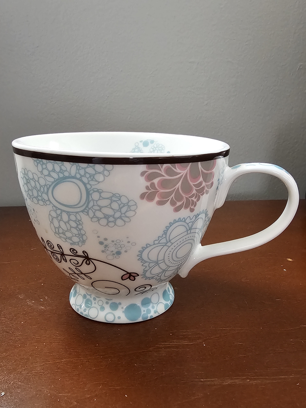 Mary Kay Ceramic Floral Coffee Mug White Blue Pink Brown Round